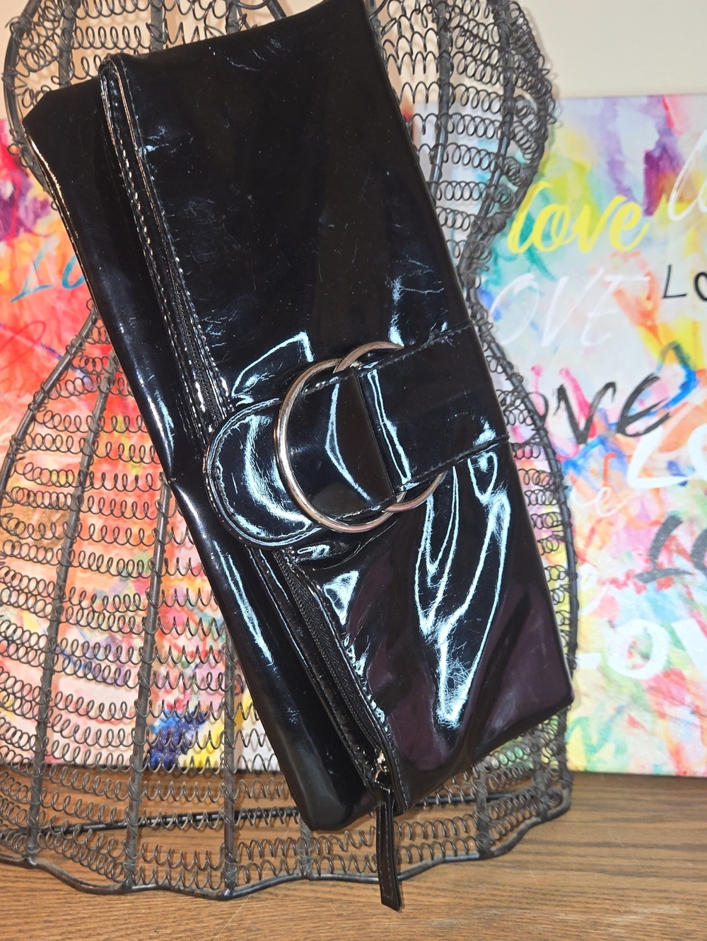Chateau Patent Black Wristlet Clutch with Double Ring Accent